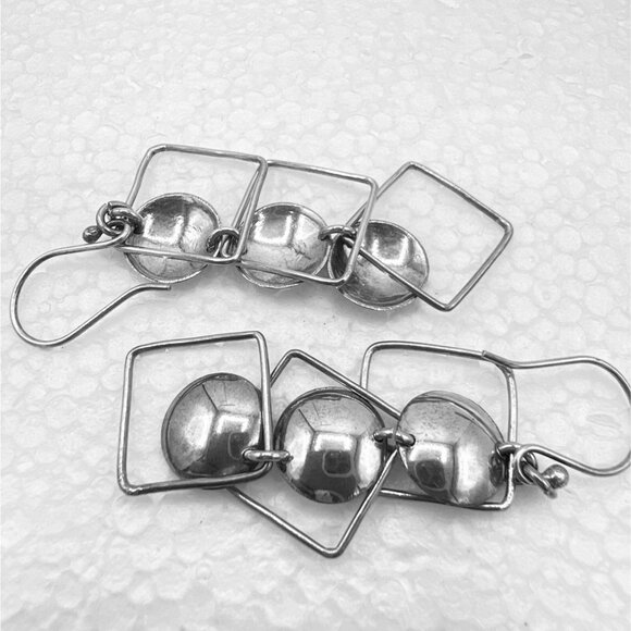 Silver Geometric Earrings 2.5" Dangle Articulated Spheres Triangles Squares - Picture 3 of 6